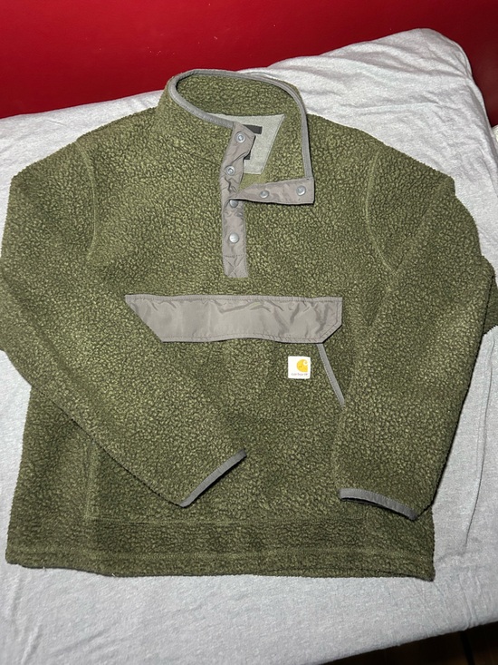 Carhartt Tops - Carhartt Olive Green Sherpa Pullover with Snap Placket